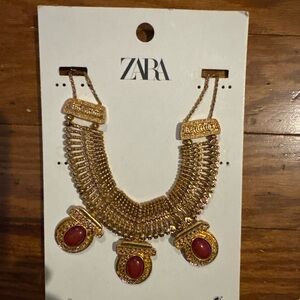 Zara Gold Statement Necklace with Red Cabochon Stones